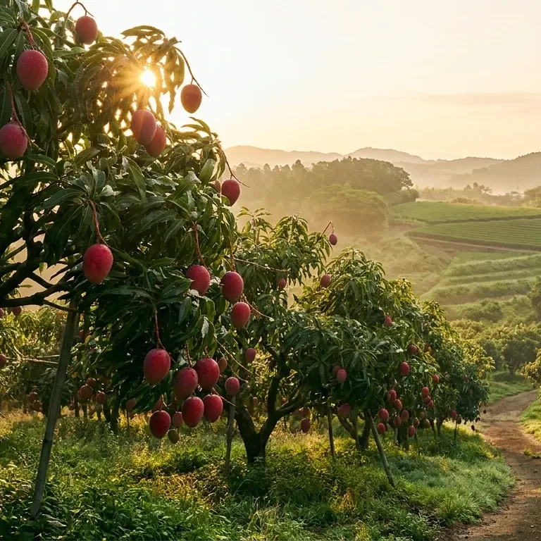 Mango orchard heavy with ripe fruit at sunrise