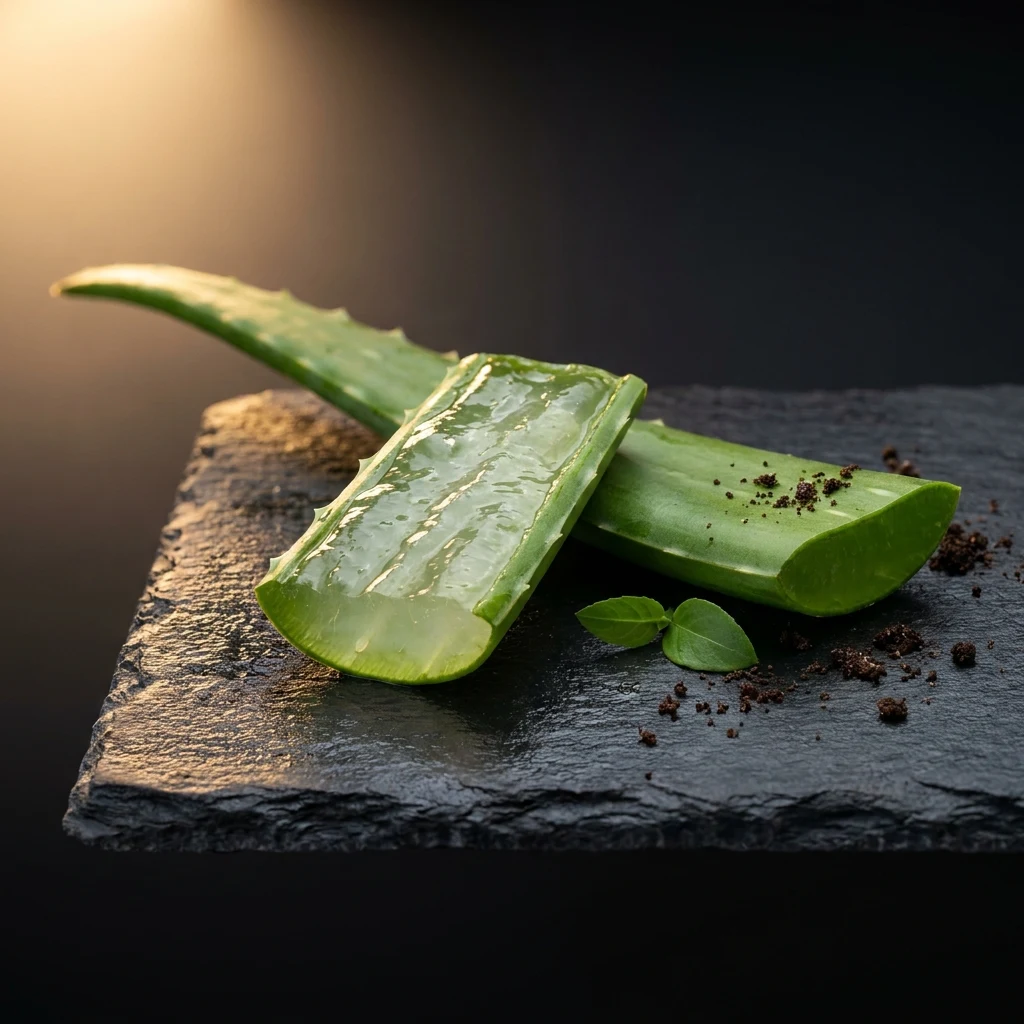 Aloe vera leaf sliced open revealing the gel inside