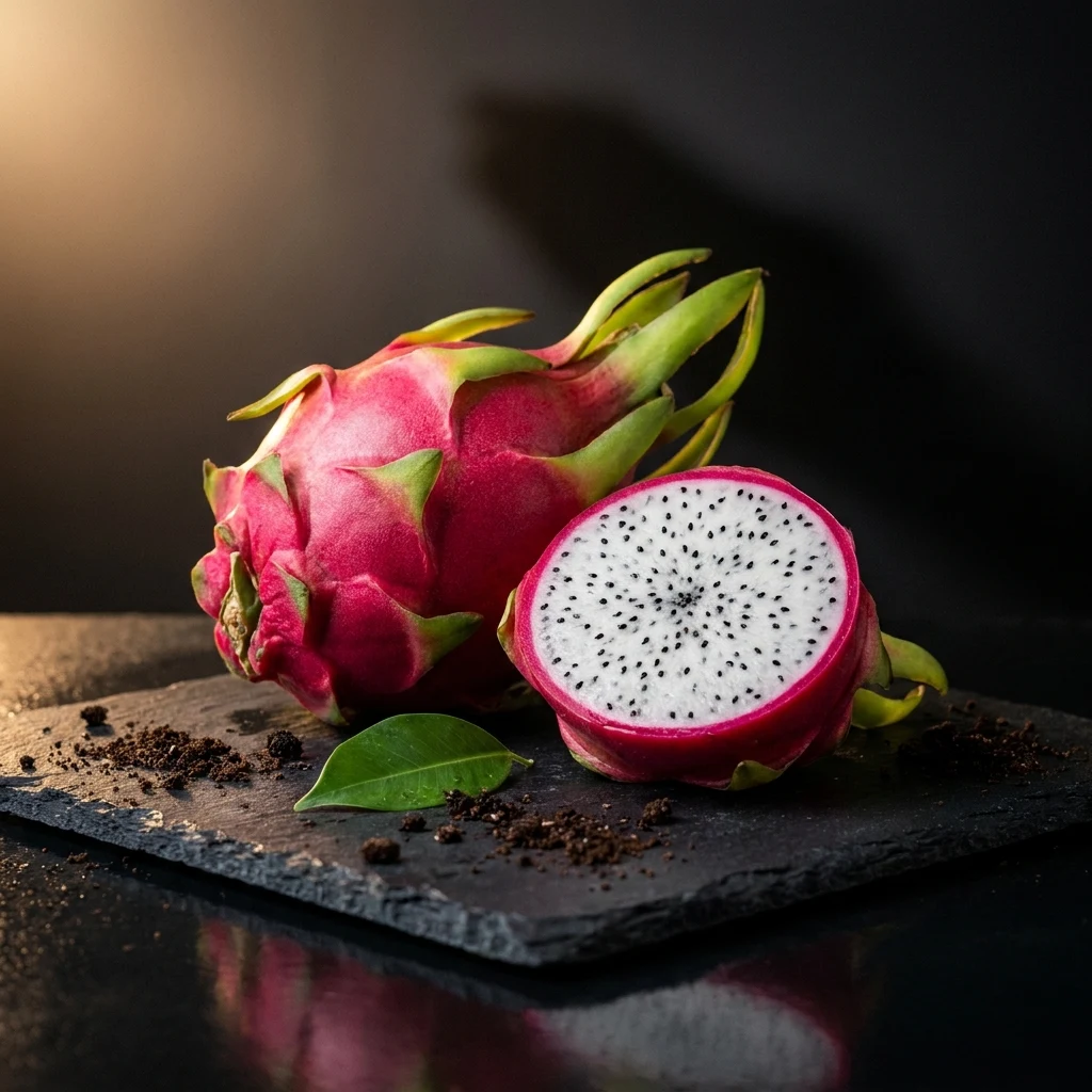 Whole and halved dragon fruit