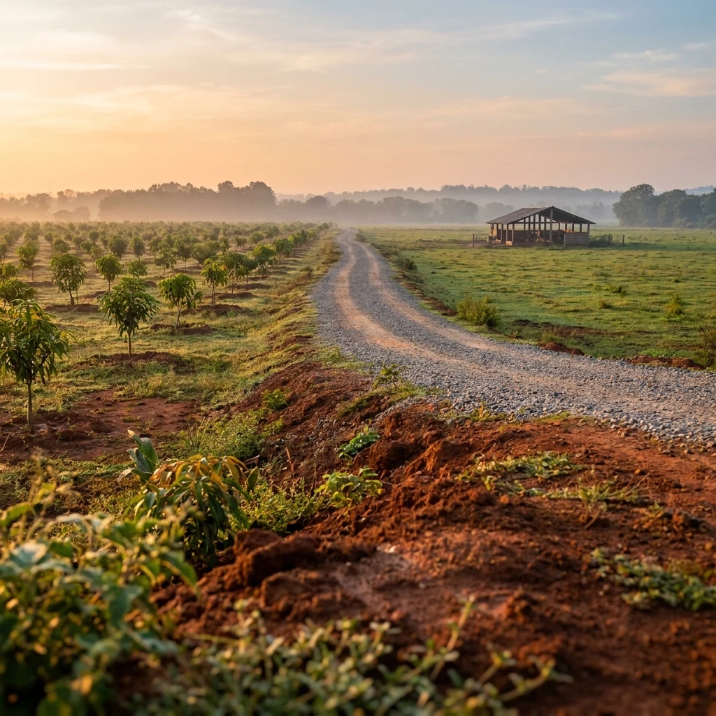 Orchard rows and open pasture leading to a dairy shelter across ETOR City's managed land