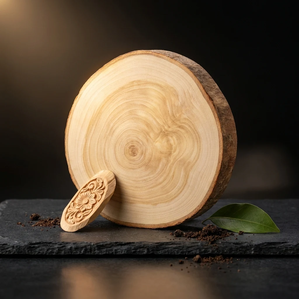 Cross-section of a sandalwood log with a carved sandalwood chip