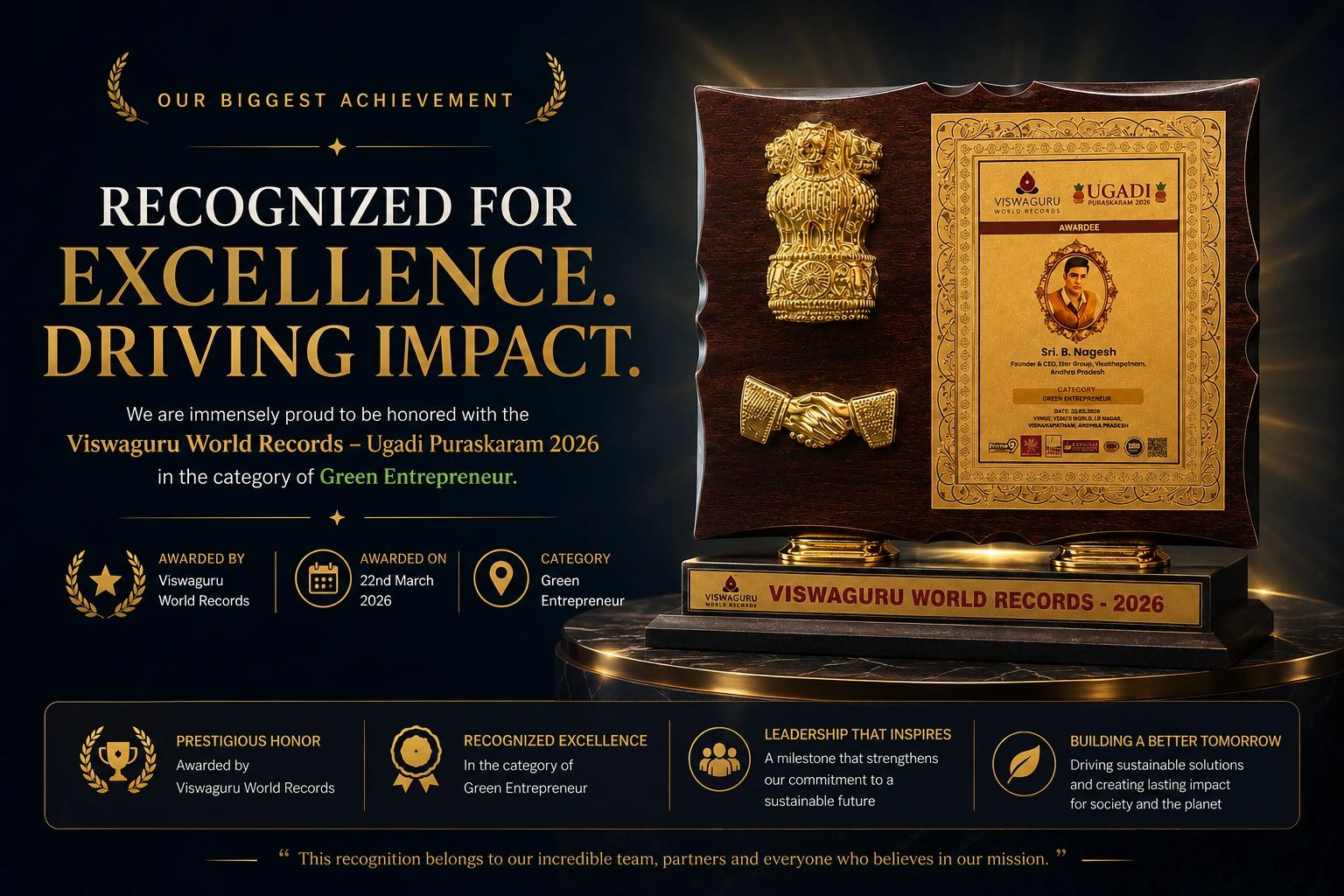 Viswaguru World Records 'Green Entrepreneur' award plaque presented to B. Nagesh, Founder & CEO of ETOR Group