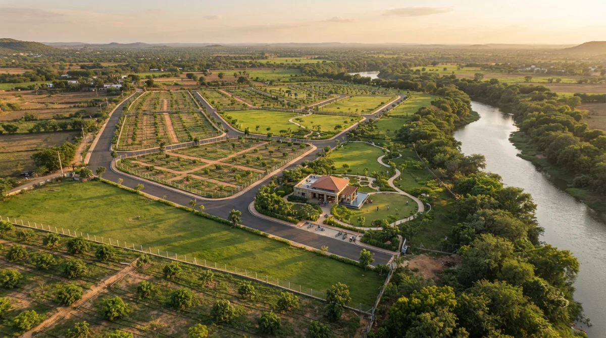 Aerial view of the ETOR City riverside development at golden hour
